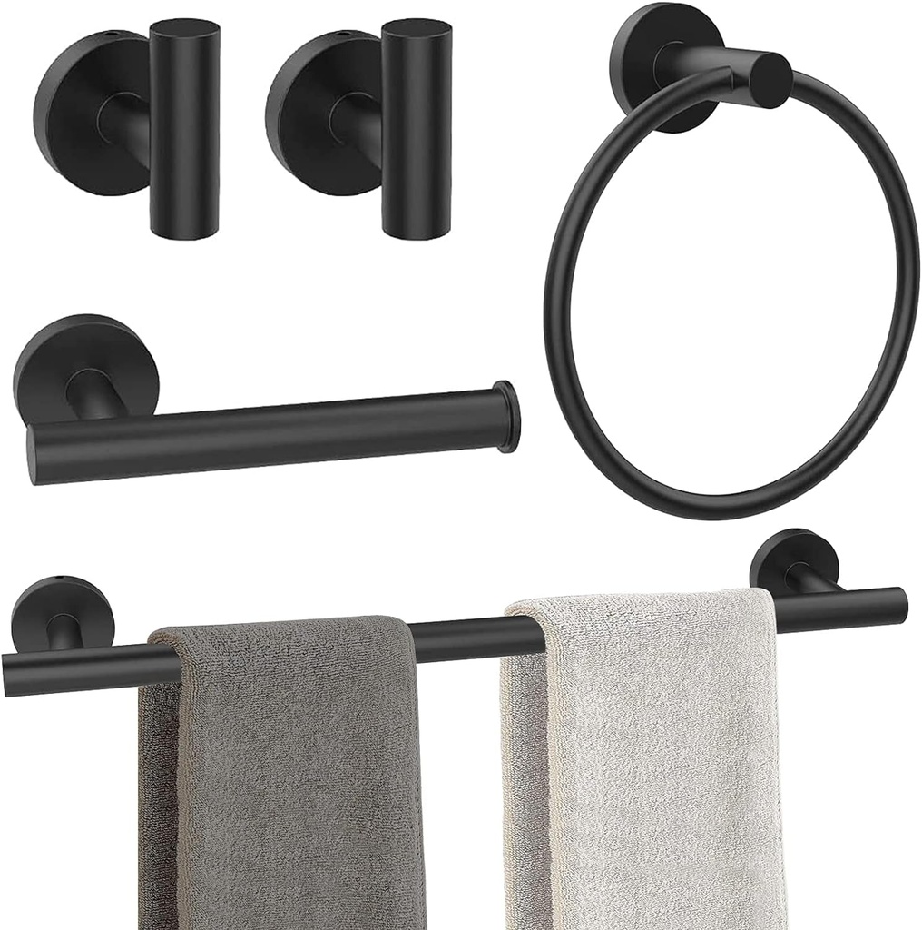 Bathroom Hardware Set, 5 Piece Black Bathroom Towel Rack Set Wall Mount Towel Bar Set Include 16'' Hand Towel Bar, Towel Ring, Toilet Paper Holder, 2 Hook