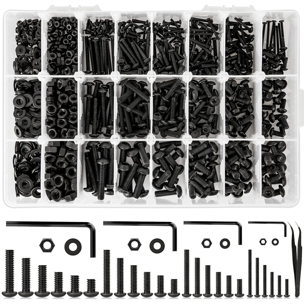 24 Size M2 M3 M4 M5 Hex Button Head Cap Screw Bolts and Nuts Kit 8MM to 25MM, Upgraded Zinc Plated 10.9 Alloy Steel Nuts and Bolts Assortment Kit Metric Machine Screws, 1255Pcs