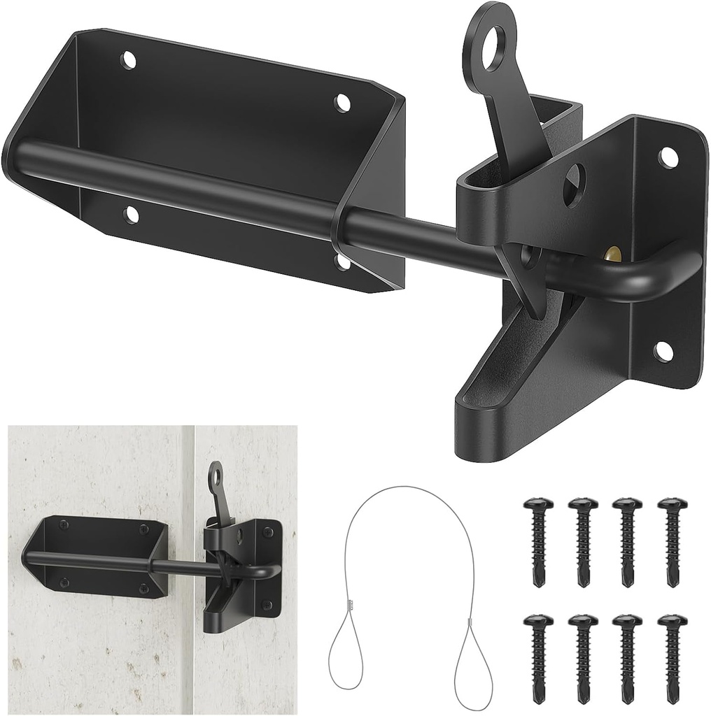Heavy Duty Automatic Gate Latch for Wooden Fence,Self- Locking Gravity Gate Door Latches with Cable Pull,Security Gate Hardware Kit for Outdoor Garden,Pool,Metal Gates,Vinyl Fence(Black)