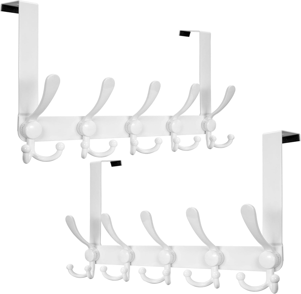 Dseap over Door Hook 2.0 - Upgraded Version - Stronger, Easier-Assembly, Heavy-Duty Stainless Steel 5-Tri-Hook over the Door Hanger Rack, Simplestrong Series, White, Pack of 2
