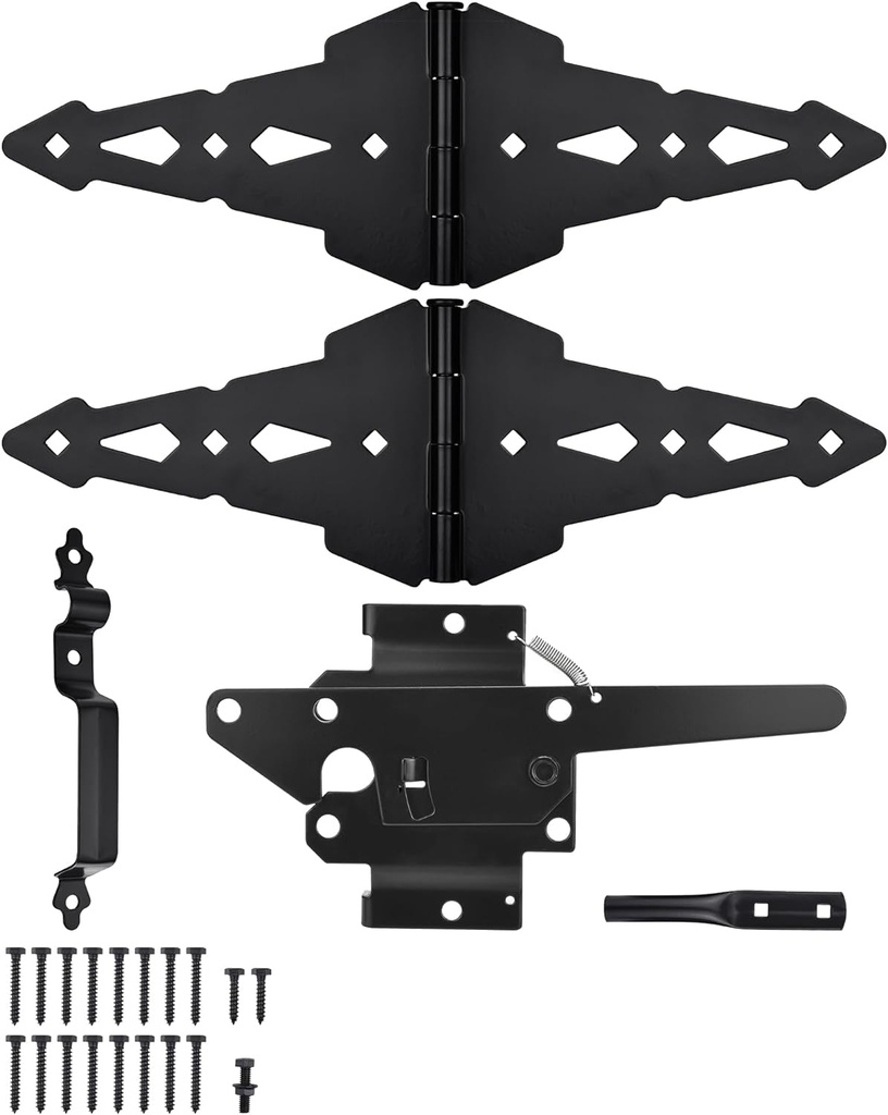 Gate Hardware Kit for Outdoor Fence, Heavy Duty 8" Gate Hinges & Post Gate Latch with Handle for Outdoor Swing Gate, Come with All Necessary Screws, Black Finish