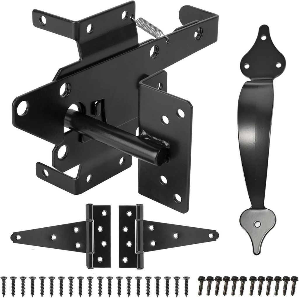 Eyourlife Gate Latch, Heavy Duty Gate Hardware Kit for Wooden/Vinyl Fence, with Self Locking Gate Latch, 2 PCS T-Hings,Gate Handle and Screws