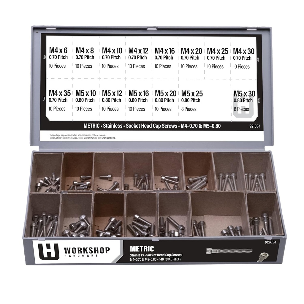 Fastener Assortment Kit, Metric Stainless Steel Socket Head Cap Screw Set, 146 Piece Variety, M4-0.70 and M5-0.80 Diameters