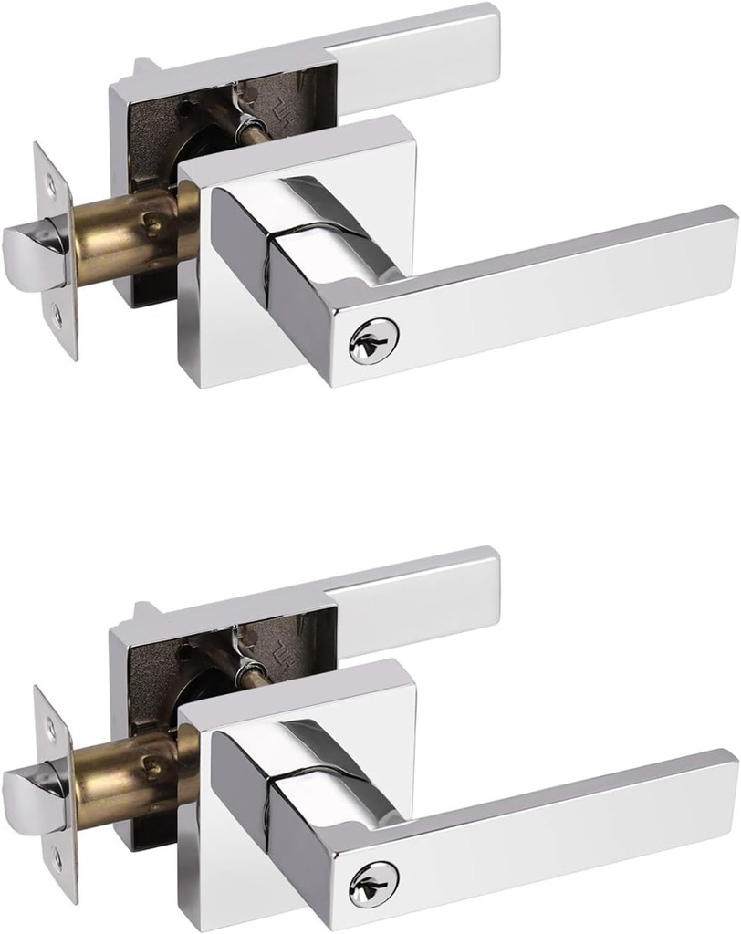 Probrico 2 Pack Square Keyed Entry Lever Locks(Different Keys), Polished Chrome Heavy Duty Entrance Handles, Right/Left Handing Doors Hardware[Exterior Interior Doors]