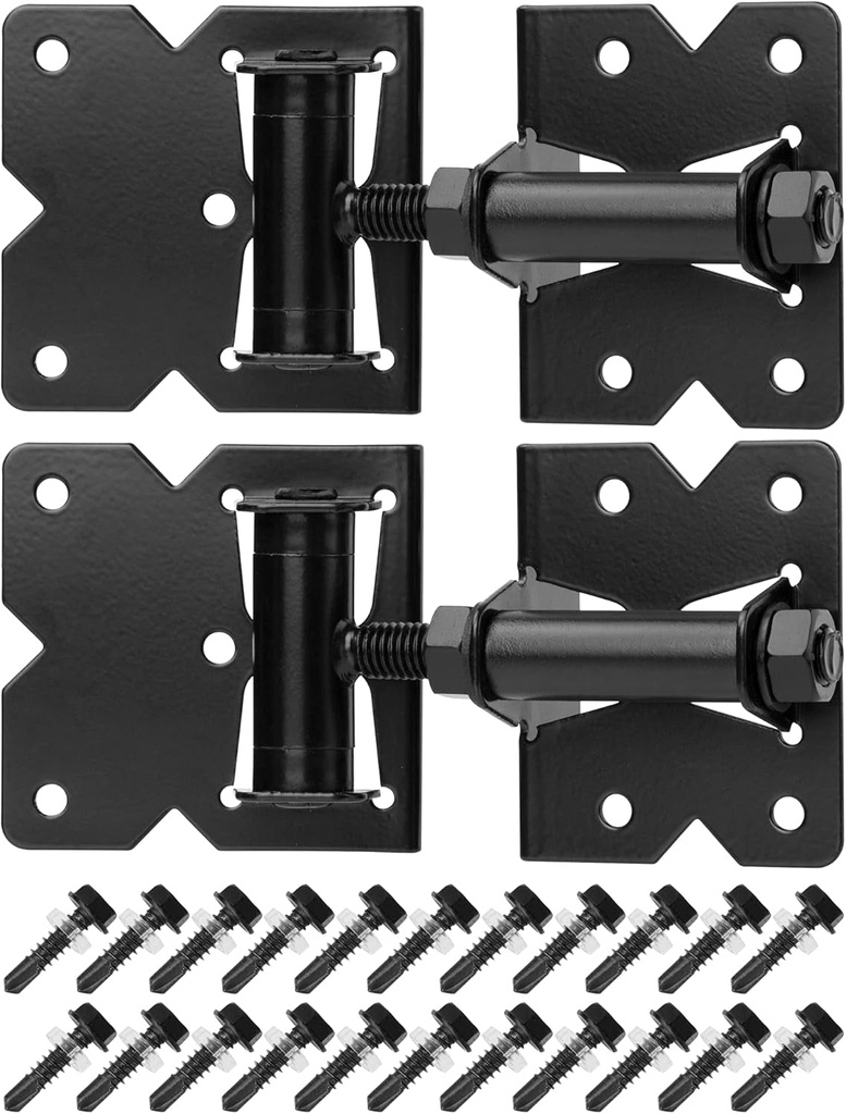 Heavy Duty Gate Hinges 2 Pack Solid Vinyl Fence Gate Closer Hinges with 22 Durable Screws, 90 Degree Tension Boerboel Gate Hinges Hardware Kit for Wooden/Pvc Fence, Manual Close & Black Finish