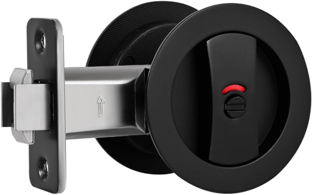 Matte Black Pocket Door Hardware with Indicator, Heavy Duty round Pocket Door Lock, Pocket Door Hardware Black, Solid Pocket Door Hardware for Bathroom(1 Pack)