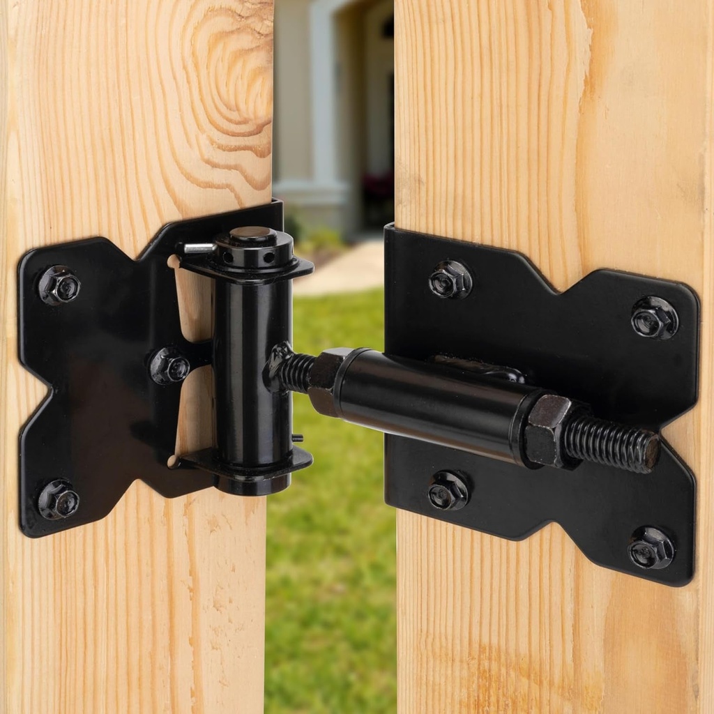 2Pcs Self Closing Gate Hinges Heavy Duty Hardware for Wooden Fence Gates Vinyl, 90 Degree Adjustable Spring Gate Door Hinges Kit with Swing Adjuster Tool and Self-Tapping Screws, Black