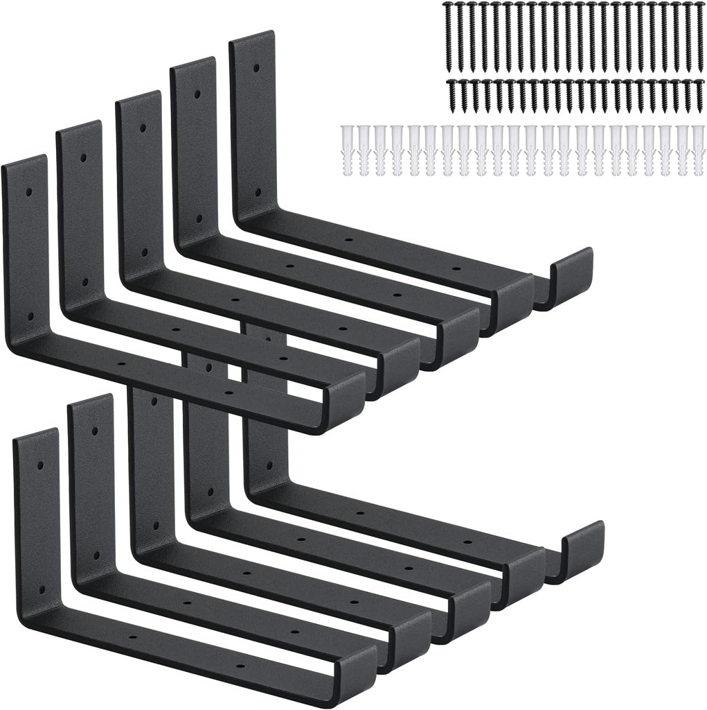10 Pack Heavy Duty J Shelf Brackets with Lip, 9 Inch Wall Mounted Floating Brackets for Wall Mounted Shelves Support, Black, HOME MASTER HARDWARE