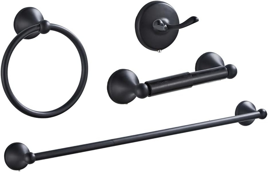4 Piece Bathroom Accessory Set(Adjustable Towel Bar, Towel Ring, Toilet Paper Holder,Towel Hook), Wall Mounted Bathroom Hardware Accessories Set,Matte Black