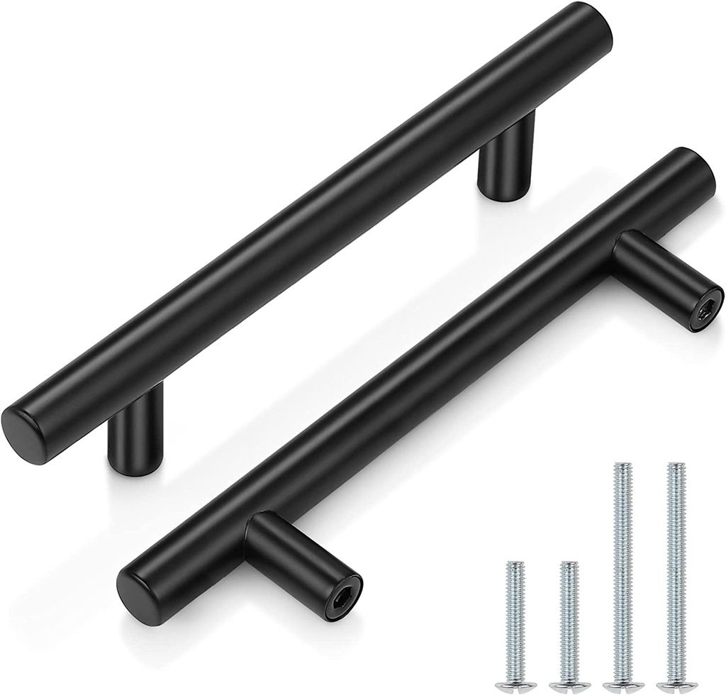 Probrico 30 Pack| 6-2/5 Inch Black Cabinet Handles with 4 Inch Hole Center Stainless Steel Cabinet Pulls round T Bar Kitchen Cabinet Hardware Door Handles, Drawer Dresser Pulls，102Mm Hole Centers