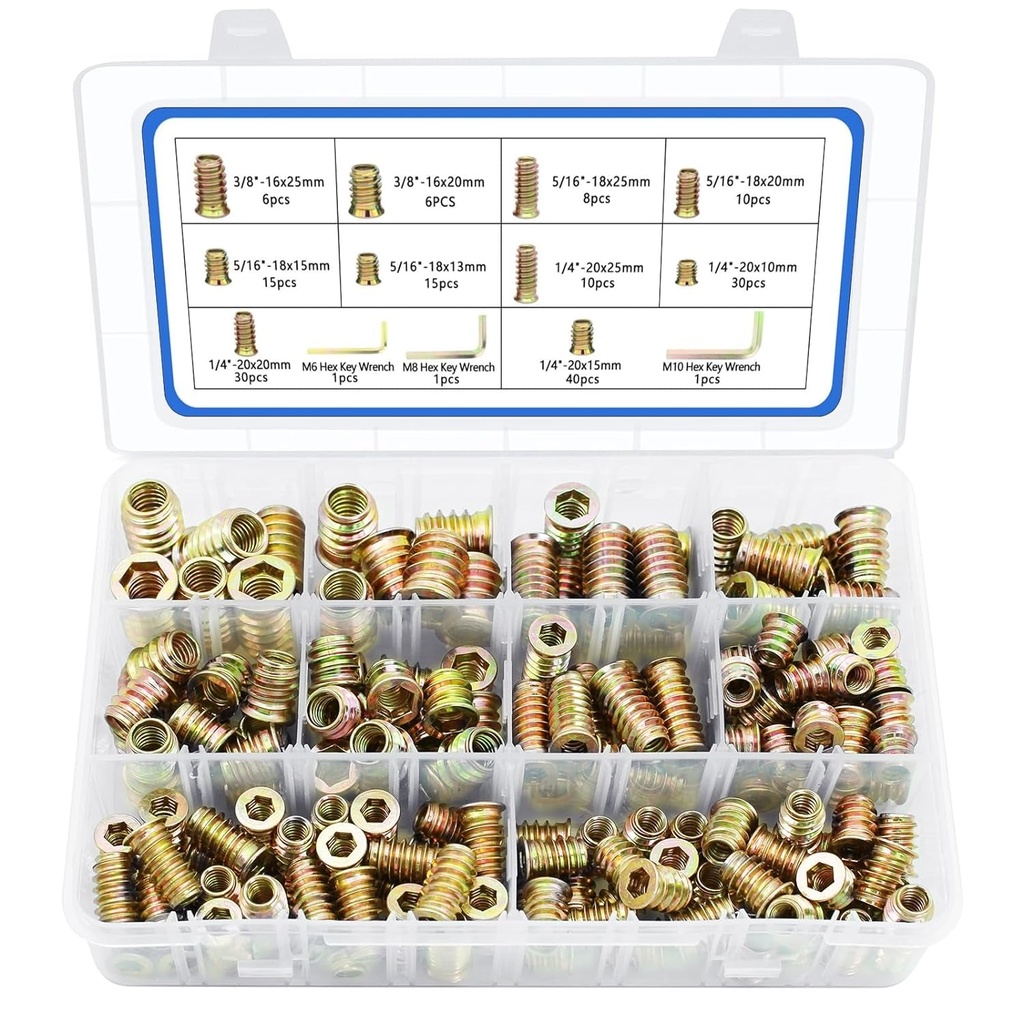 170 PCS Threaded Inserts Nuts, 10 Sizes-1/4"-20, 5/16"-18, 3/8"-16 Wood Inserts Assortment Kit, Steel Threaded Inserts for Wood Furniture Screw Threaded Inserts Kit with 3 PCS Hex Wrench