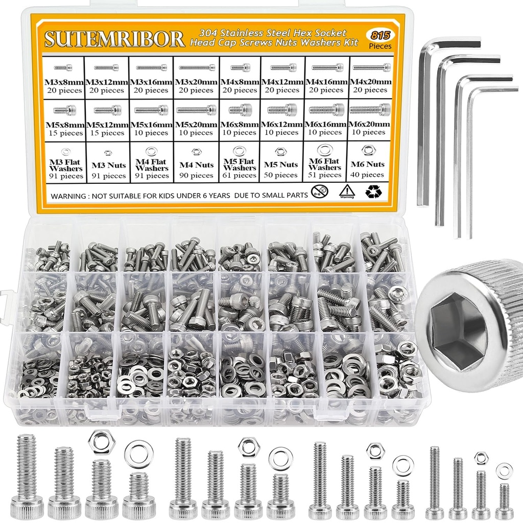 815 Pieces M3 M4 M5 M6 Hex Socket Head Cap Screws Nuts Washers Assortment Kit, Metric Screw Assortment with Hex Wrenches, 304 Stainless Steel, Fully Threaded