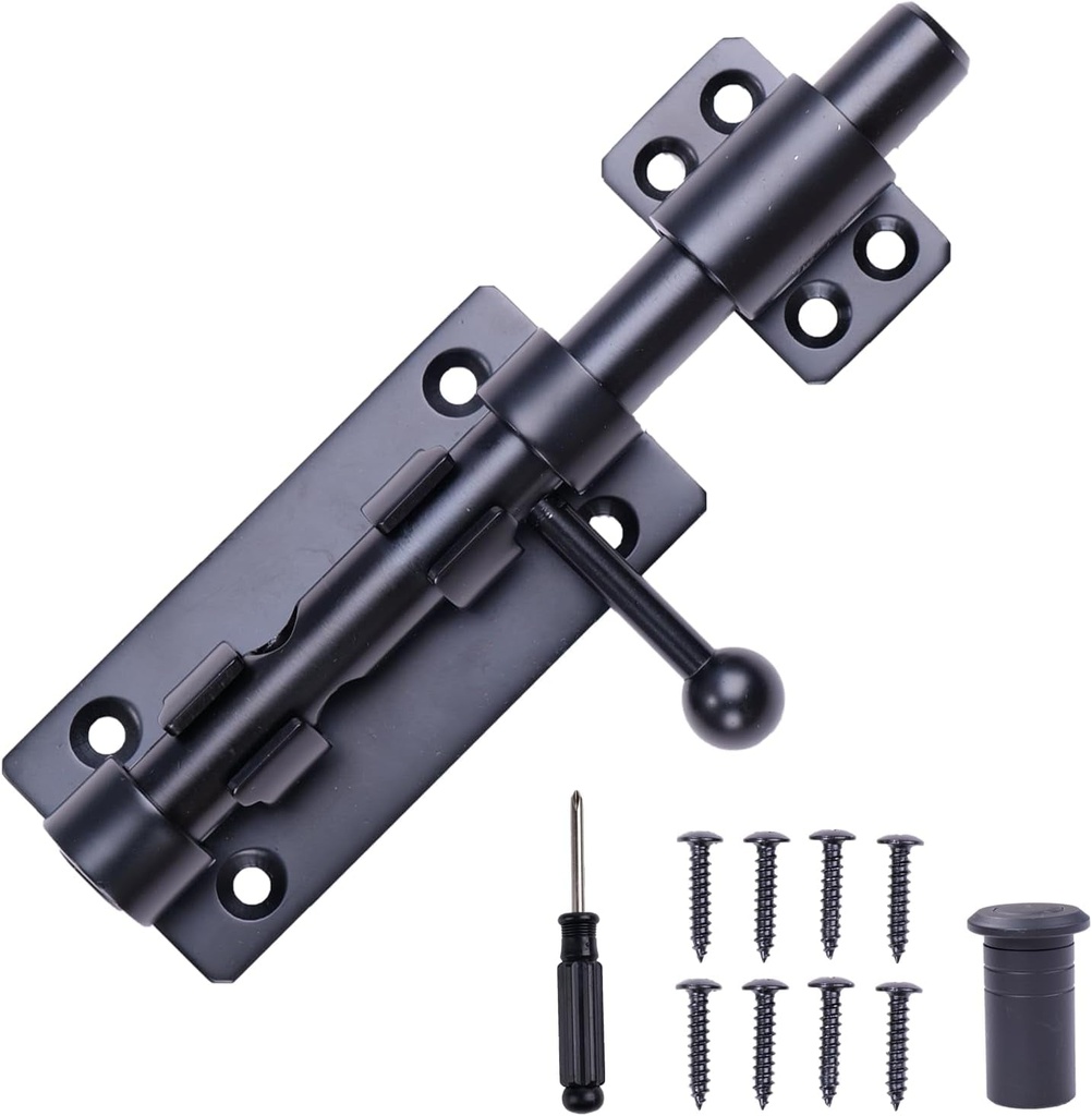 Barrel Bolt Latch, 8" Heavy Duty Gate Latch Slide Lock Solid 304 Stainless Steel Bolt Lock for inside Door, Black Finished Shed Door Latch(1 Pack)
