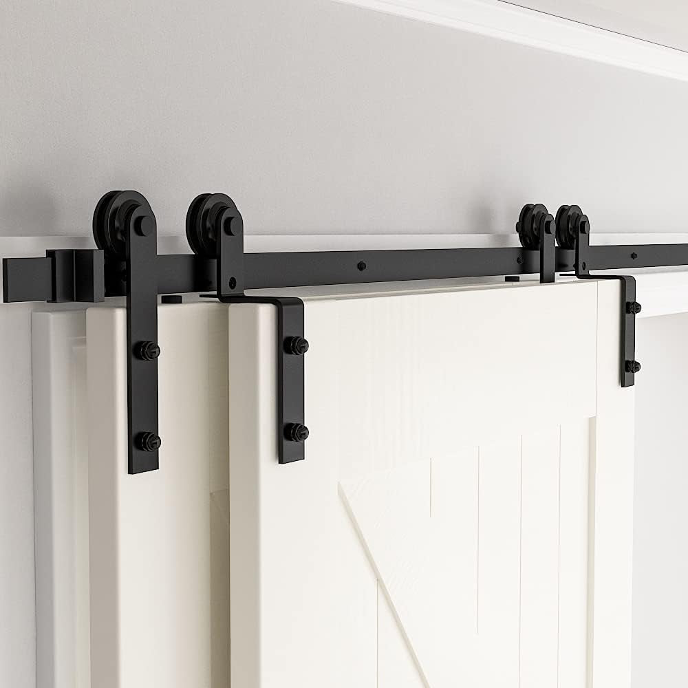 Skysen 6FT Heavy Duty Sliding Barn Door Hardware Single Track Bypass Double Door Kit Black(Bypass I Shape-1)