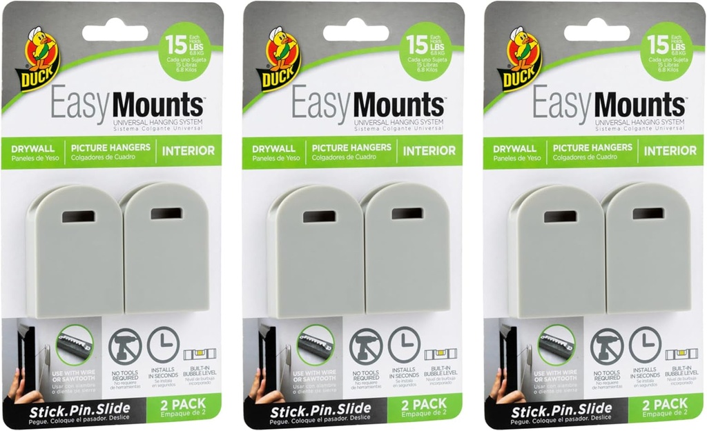 Duck Brand Easymounts Picture Hanger for Interior Drywall - Frame Hangers for Hanging Pictures - Wall Hanging Kit with Built-In Level, No Tools Required - Holds up to 15Lbs - Gray, 6-Pack