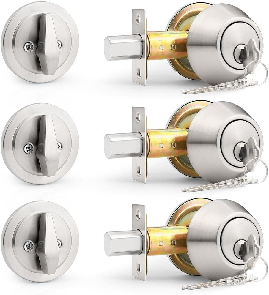Probrico (3 Pack) Keyed Alike (Combo Packs) Single Cylinder Deadbolts Brushed Nickel, Keyway Keys Handleset, 3 Keys Anti-Theft Interior& Exterior Door Hardware (For Entrance Lock and Front Gate)