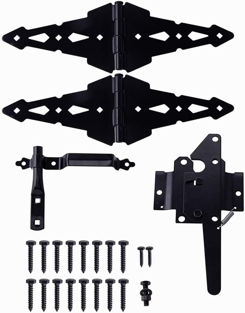 HOME MASTER HARDWARE Wood Gate Hardware Set - Heavy Duty 8" Decorative Strap Hinges and Spring Loaded Latch Gate Kit with Screws for Outdoor Fence Swing Gate Black Finish