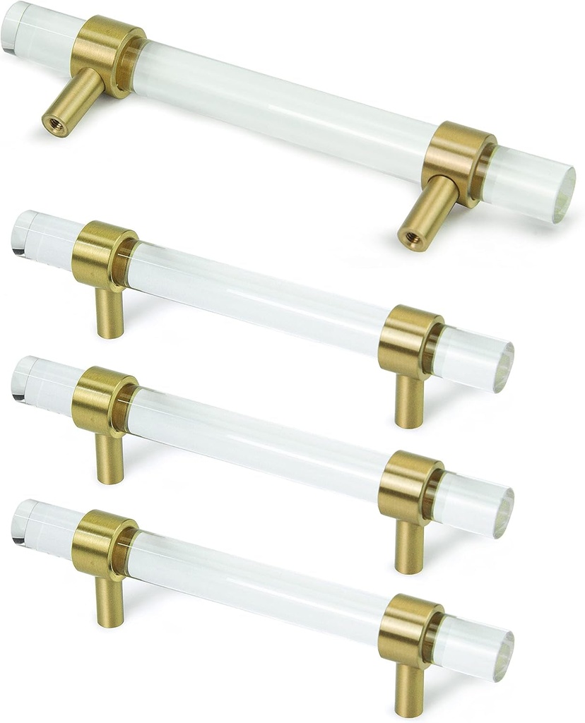JEREVER Glass Brass Drawer Pull 4 Pack, Cabinet Handle Crystal Bar Pulls Gold Furniture Hardware for Kitchen Dresser (5.9" Length (3.75" Hole Center), Clear)