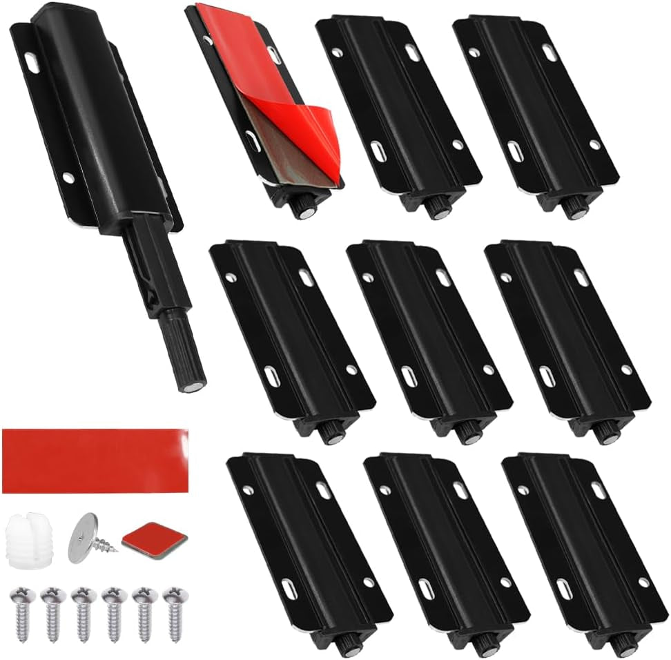 Push to Open Door Latch, 10 Pack Black Magnetic Push Latches, Adhesive Heavy Duty Touch Latch Hardware for Push to Open Cabinet, Magnetic Door Catch for Cabinet Drawer Wardrobe Kitchen Door