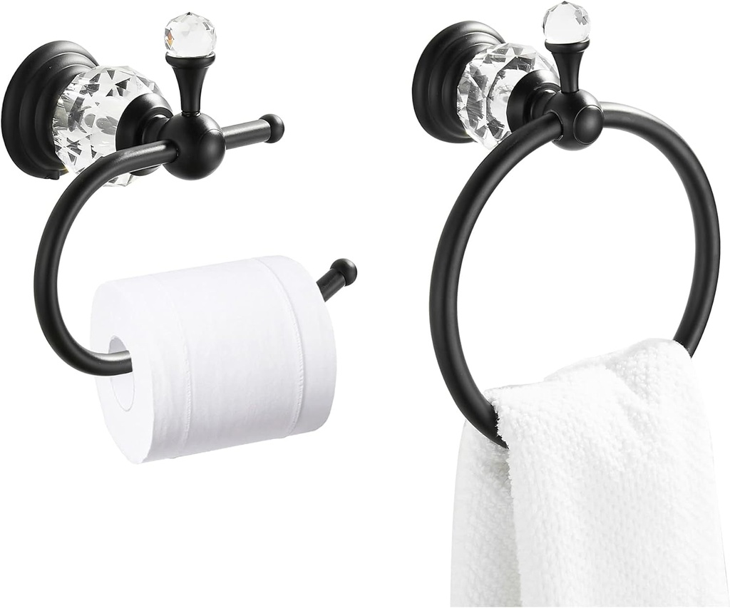 WOLIBEER Crystal Towel Ring,Matte Black Toilet Paper Holder Stand Hand Towel Holder Towel Hook Tissue Roll Paper Holder Towel Hanger Bathroom Hardware 2 Pieces Sets Wall Mounted