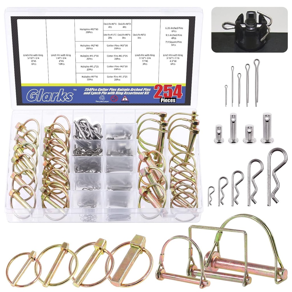 Glarks 254Pcs Mixed Lynch Pins Linch Pins PTO Pins and Clevis Pins Cotter Pin Hairpin R Clips Assortment Kit 5 Styles Pin Fasteners for Mechanics, Cars, Trailers, Tractors, Trucks, Lawn Mower Use