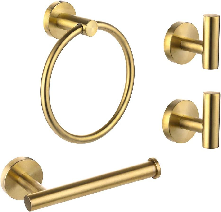 4 Piece Brushed Gold Stainless Steel Bathroom Hardware Set Include Hand Towel Ring, Toilet Paper Holder,And 2 Robe Towel Hooks,Bathroom Accessories Kit