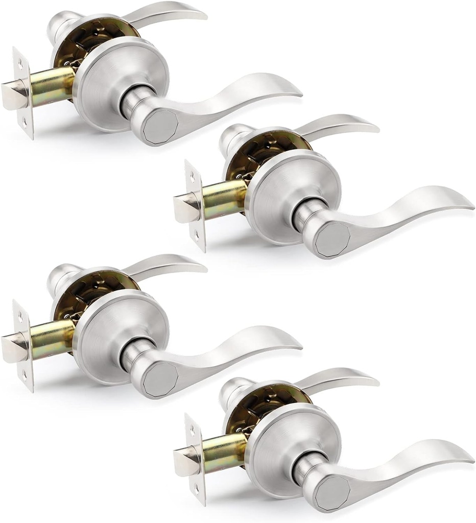 Contemporary Satin Nickel Passage Modern Door Lever Hardware (Hallway/Closets), Keyless Unlocking Wave Style Drop Interior Door Handle Set, Home or Office Use, Reverisable Door Locks 4 Pack