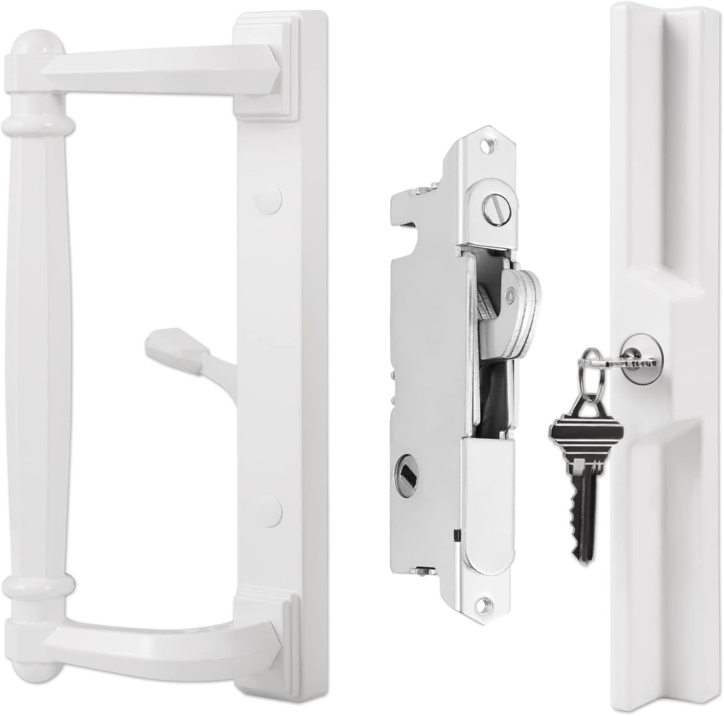 White Patio Door Handle Set with Cylinder Lock,Suitable for Replacement Sliding Patio Doors Lock 3-15/16”Screw Hole Spacing.Choices 20002Series Patio Glass Sliding Door.