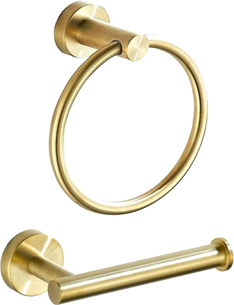 BATHSIR Bathroom Towel Ring Toilet Paper Holder, Gold Hardware Includes Hand Towel Holder Brushed Brass Gold 2 Pieces Wall Mount Stainless Steel Bathroom Accessories