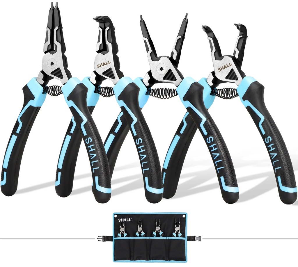 SHALL Snap Ring Pliers Set, 4PCS Heavy Duty 7-Inch Internal External Circlip Pliers, Straight Bent C-Clip Pliers Lock Ring Pliers 5/64" Tip, Reverse Pliers for Ring Remover Retaining W/Portable Pouch