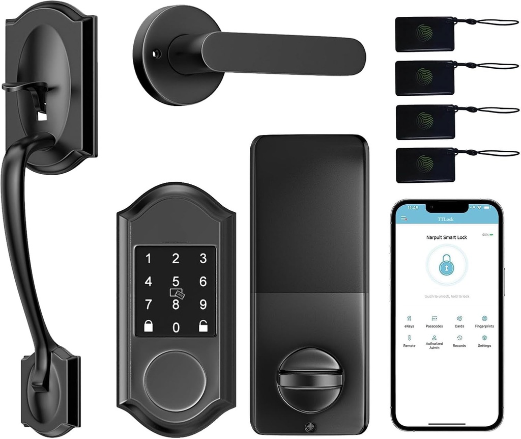 Keyless Entry Door Lock Deadbolt with Handle Set, Smart Lock for Front Door, Front Door Lock Set with Smart Lock and Front Door Handle, Matte Black