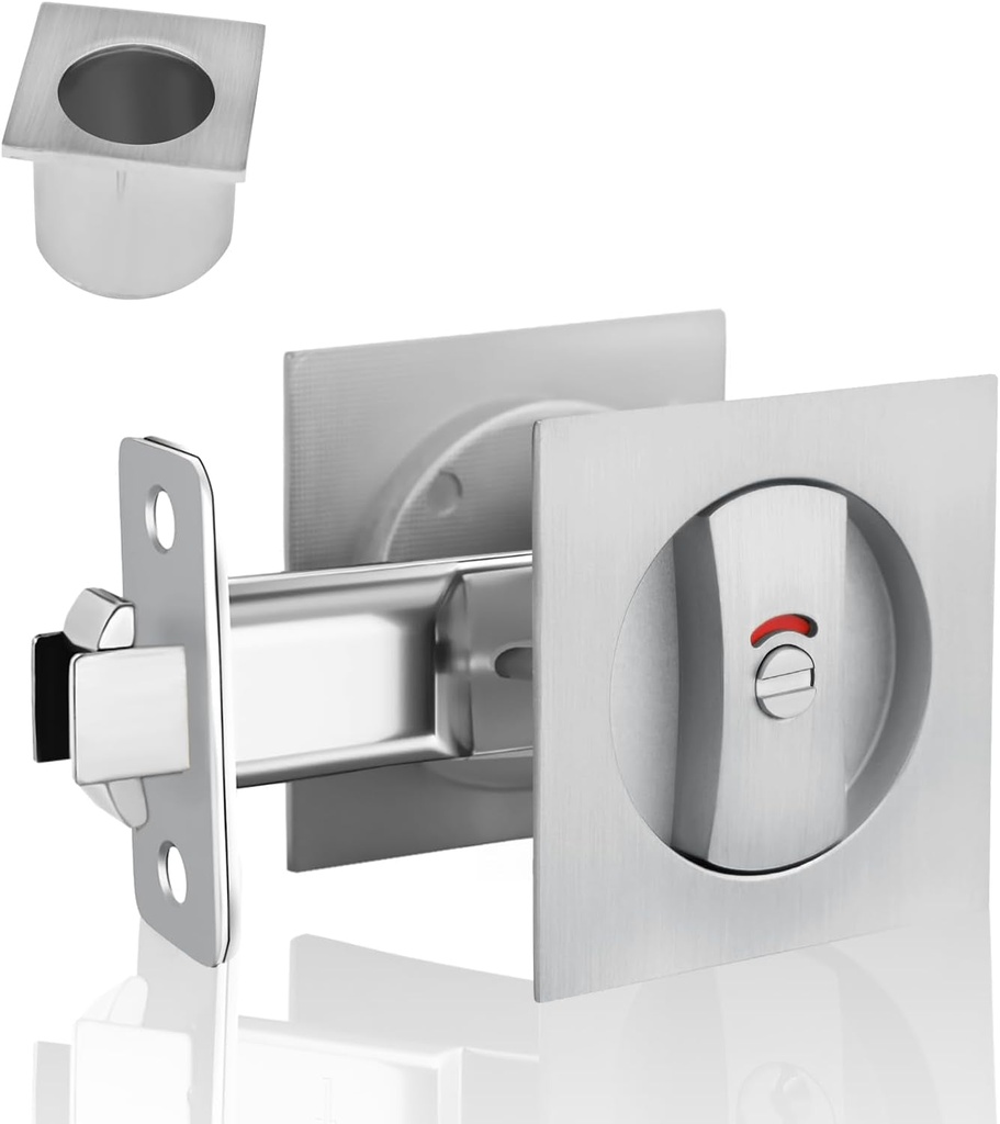 Sliver Pocket Door Lock with Edge Pull, Red-Green Indication Privacy Pocket Door Latch for Bed/Bath/Study Room, Recessed Mounting Flush with the Surface, Contemporary Pocket Door Hardware