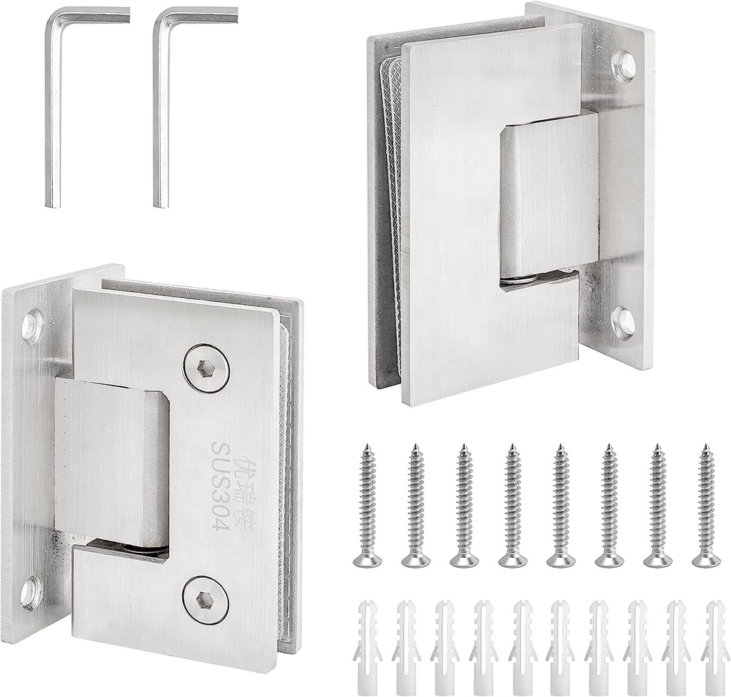 2 Pack Frameless Glass Shower Door Hinges, 90 Degree Glass to Wall Shower Door Hinges, 304 Stainless Steel Brushed Nickel Shower Door Clamp for 8Mm-12Mm