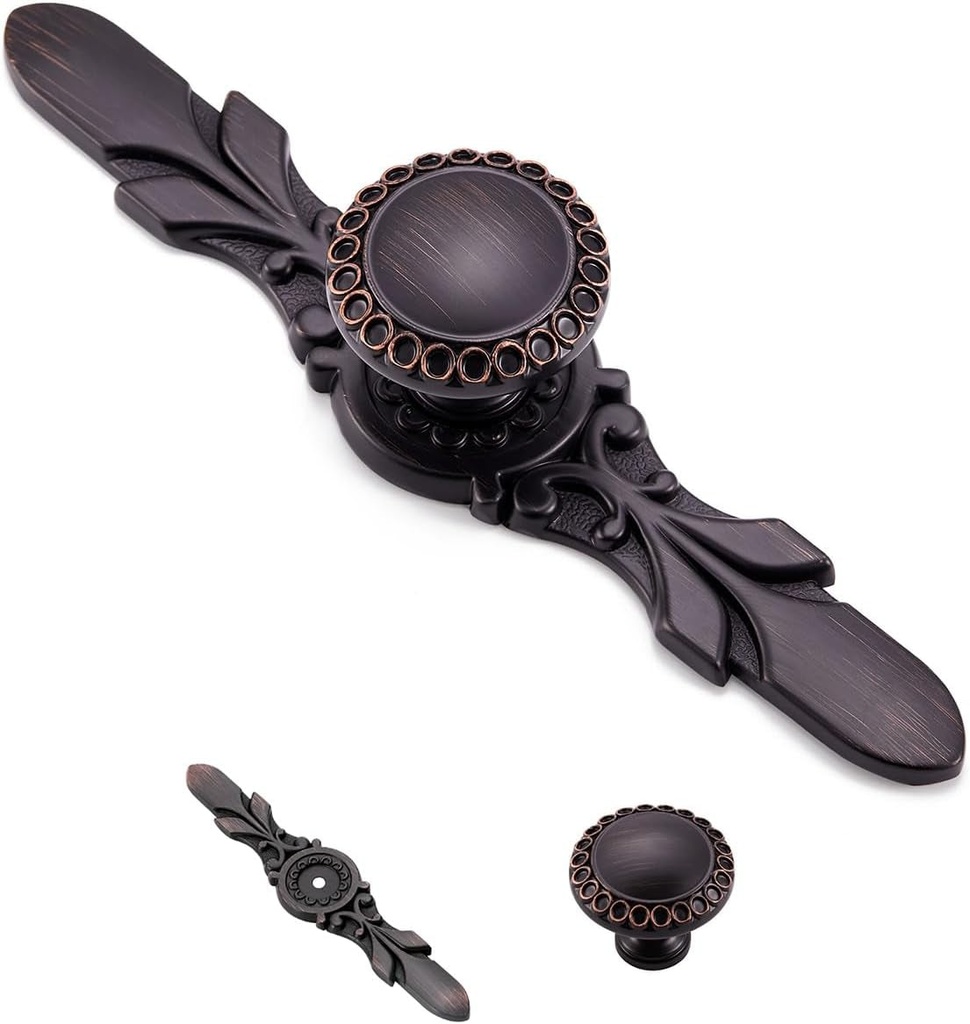 10 Pack round Oil Rubbed Bronze Cabinet Handles - 1.26” Knob & 5.8” Plate - Drawer Handles Vintage for Home, Farmhouse and Office Decorative Knobs and Pulls