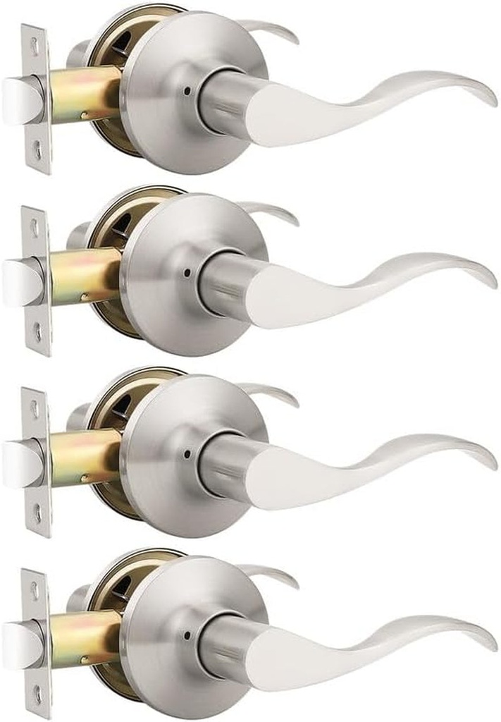 4 Pack Satin Nickel Modern Interior Passage Door Knobs, Keyless Door Handle for Hallway & Closet, Wave Style Non-Locking Door Lever Reversible for Left & Right Handed