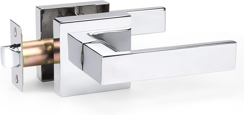 Keyless Passage Door Levers Polished Chrome Interior Door Handles, Heavy Duty Straight Door Locks with Square Rosette for Closet/Hallway, 2 Pack