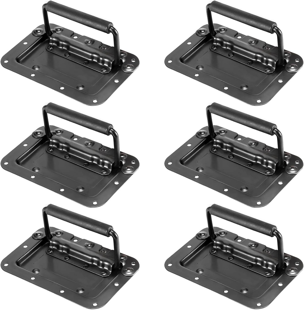 SEUNMUK 6 Pack 6 X 4 Inch Spring Loaded Recessed Handle, Medium Black Iron Recessed Pull Handle with Padded Grip for Case Box Chest Cabinet Speaker
