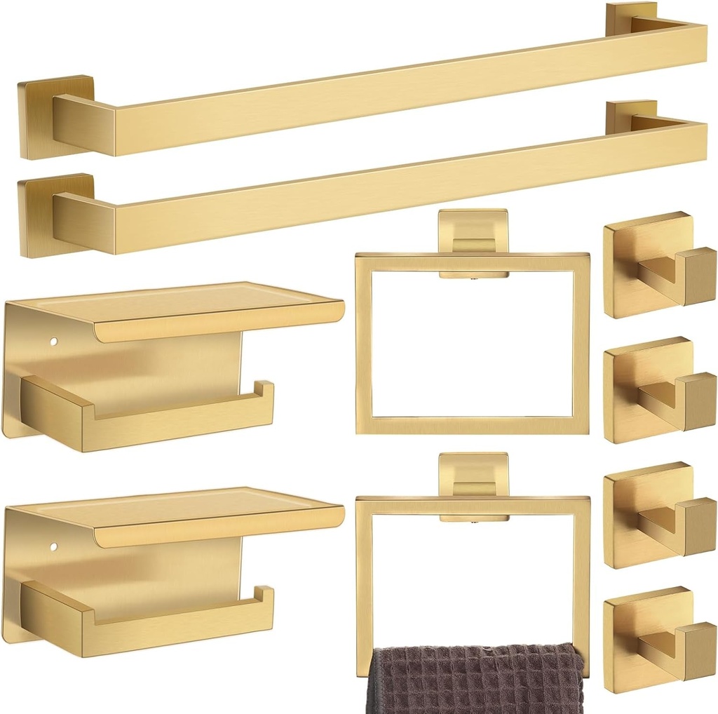 Blulu 10 Pcs Bathroom Towel Bar Holder Kit 23.6 Inch Towel Ring Robe Hook Toilet Paper Holder Bathroom Hardware Set Stainless Steel Bath Accessories Kit Wall Mounted (Gold)