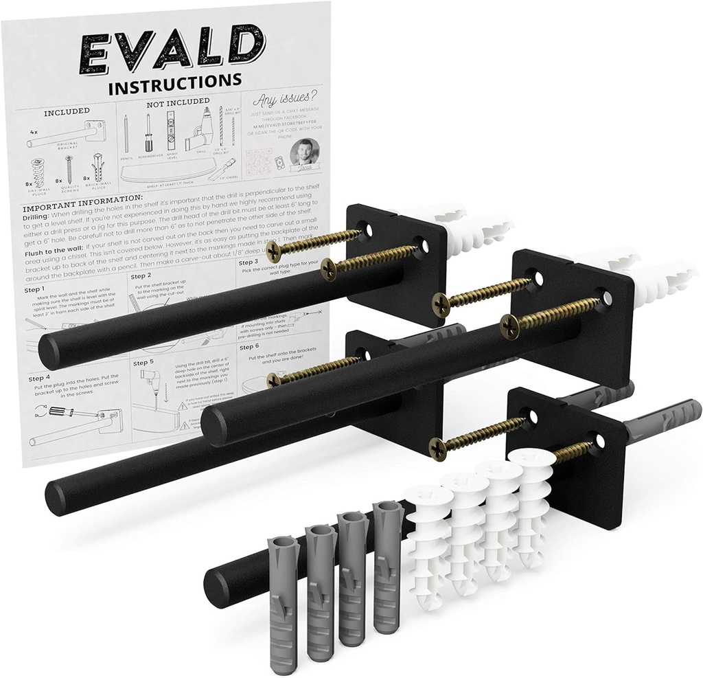 EVALD Original Floating Shelf Bracket | 6-Inch Brackets for Shelves with Anchors and Screws | Invisible Shelf Supports for Home and Office Decor | Suitable for Fireplace Various Wall Types (6 Inch)