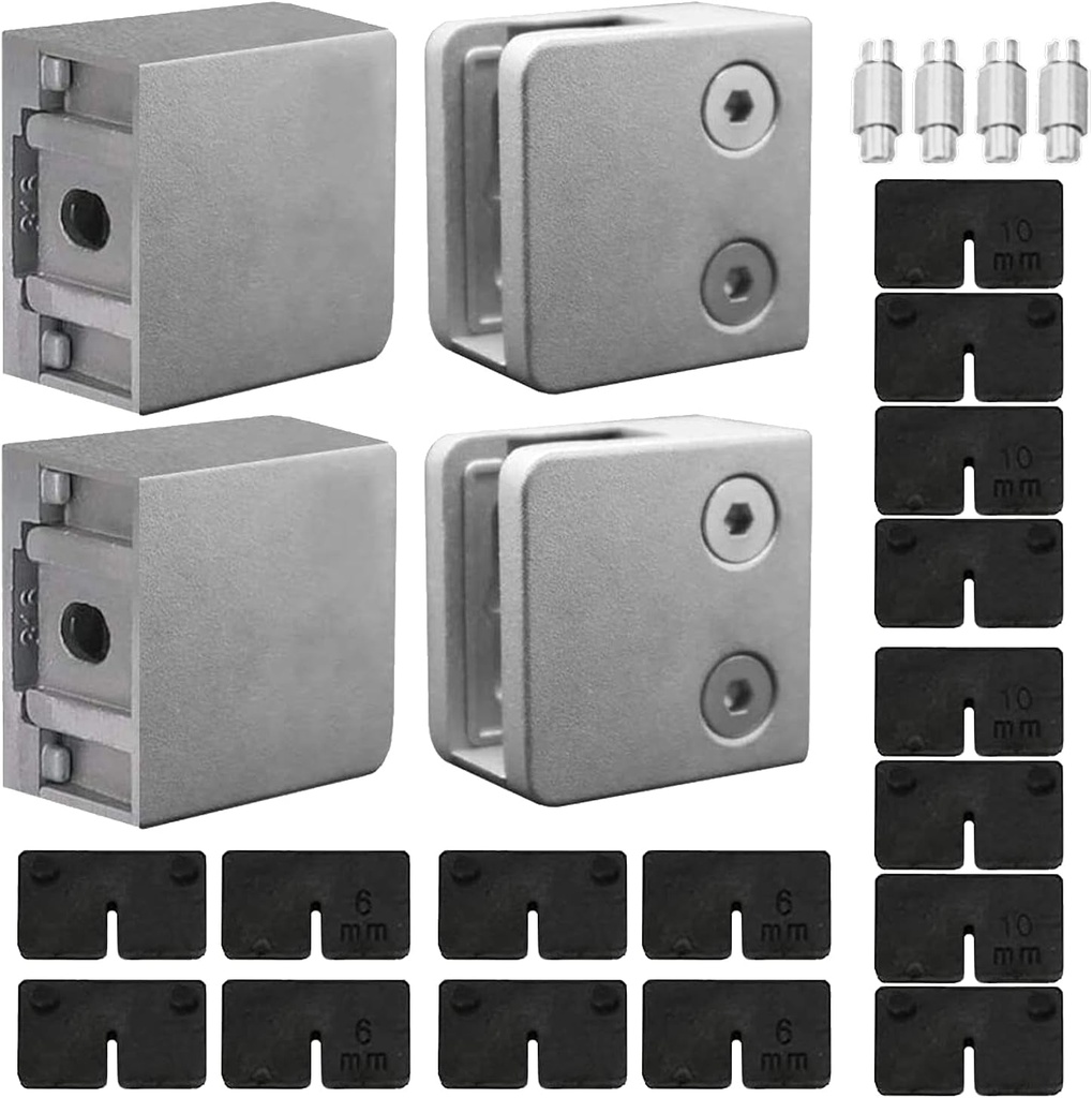 Premium Aluminum Square Flat Back Glass Clamp for 1/4" - 3/8" Tempered Glass or Laminated Glass, 4-Pack (Brush Nickel)