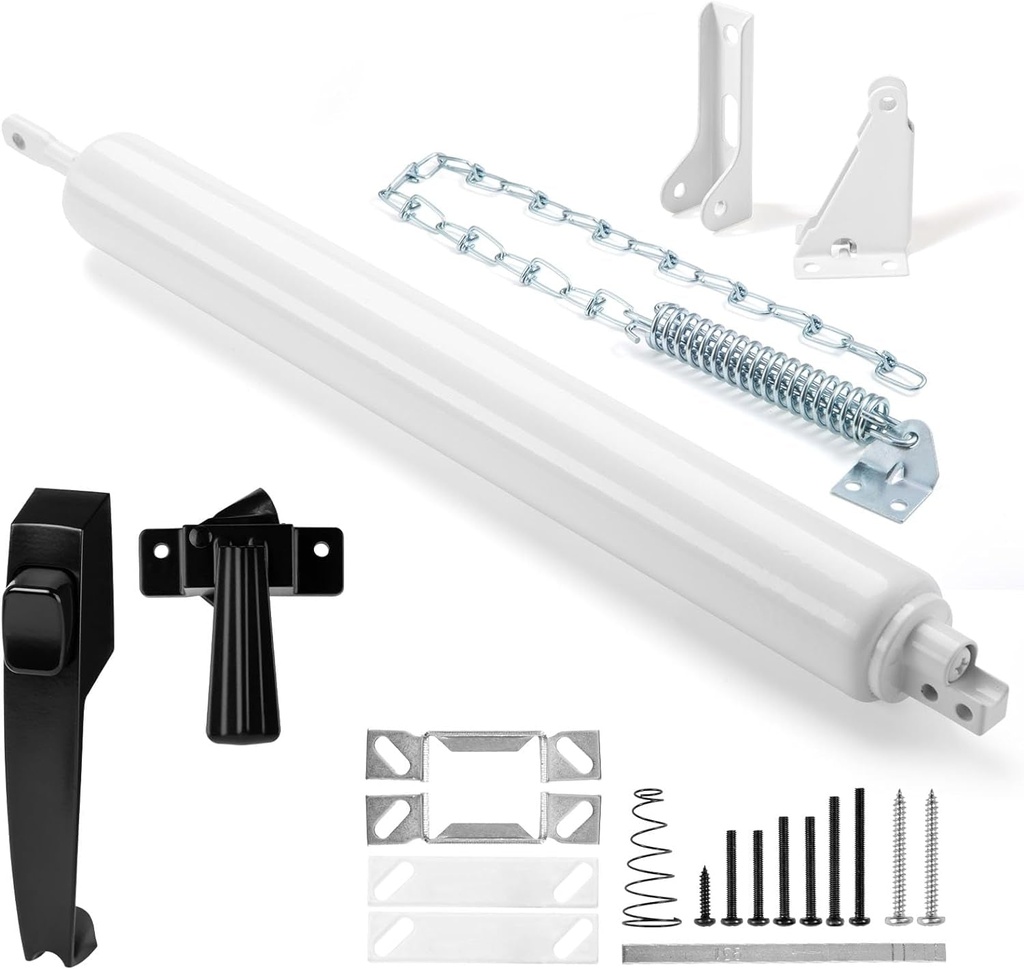 Screen and Storm Door Closer Kit, All in ONE, Closer for Heavy Storm Doors | Screen and Storm Door Push Button Latch Set | Storm Door Protector Chain and Spring