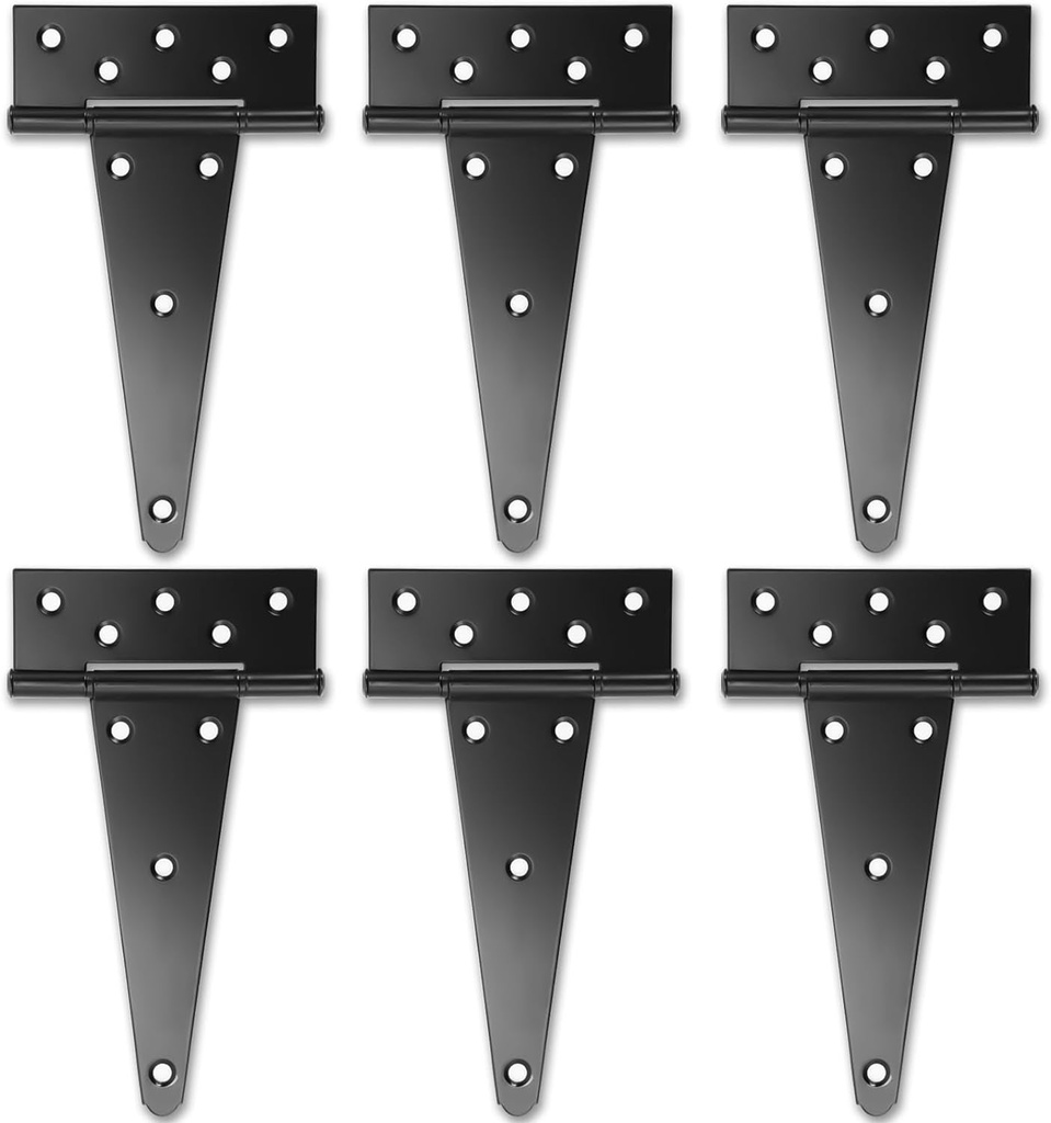 8 Inch T-Strap Shed Door Hinges, 6 Pack Heavy Duty Tee Hinge, T-Gate Hinges, Gate Strap Hinges, Black Wrought Hardware for Wooden Fences, Barn Door, Shed Doors