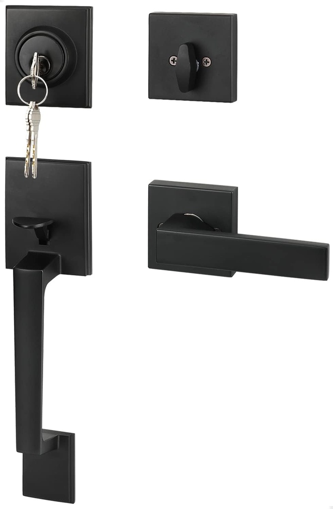 Goldenwarm Front Door Handle and Deadbolt Set, Black Front Door Lock Set with Reversible Handle Lever, Modern Front Door Hardware, Single Cylinder Front Door Entry Lock, Front Door Handles and Locks
