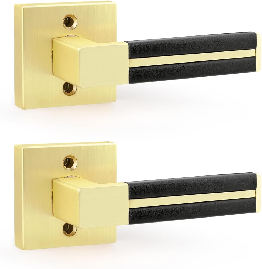 EHOMEWARE Gold Dummy Door Handles with Black Leather 2 Pack, Half Dummy No Lock Function without Latch or Key, Pull or Push Function for Pantry or French Doors
