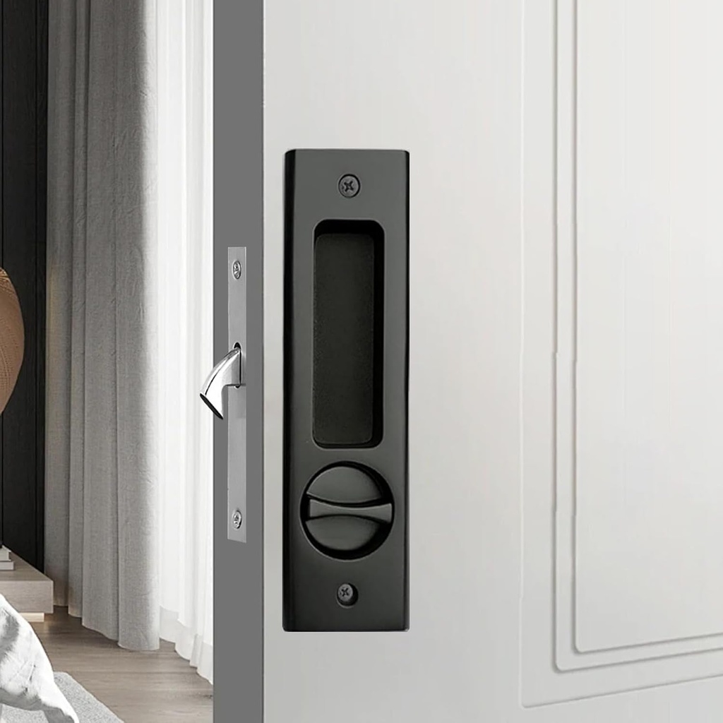 6.3” Privacy Pocket Door Lock Hardware,Invisible Sliding Door Lock with Keys,Recessed Handle Latch, Double Barn Door Lock, Invisible Furniture Hardware (Black)