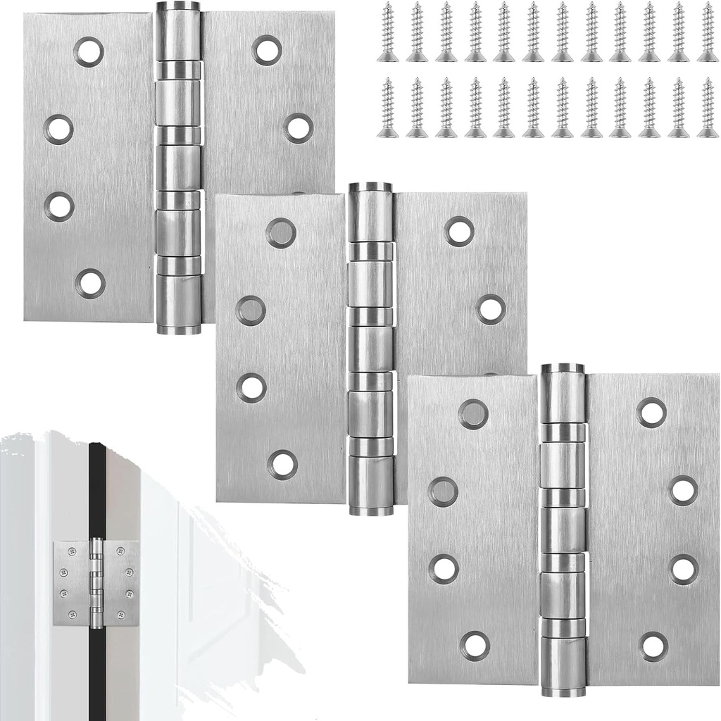 3Pcs Stainless Steel Silver Door Hinges, 4 X 4 Inch Door Hinge with Ball Bearing, Heavy Duty Door Hardware, Door Hinges with Square Corners