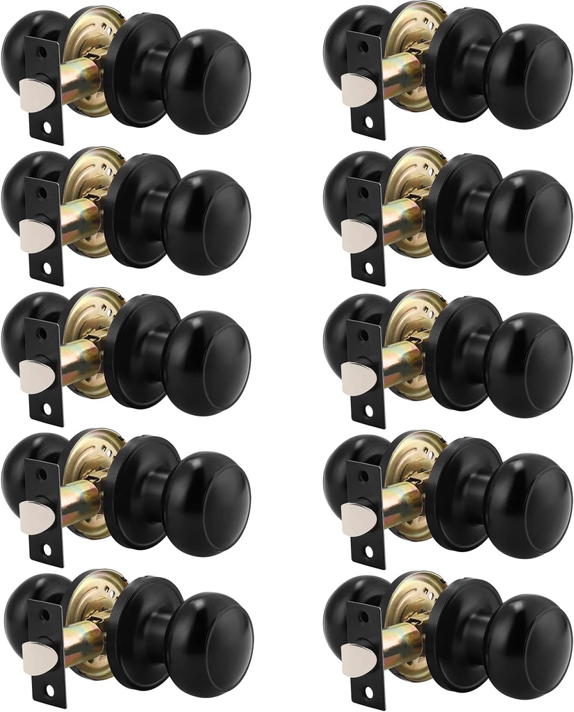 Probrico (10 Pack round Passage Door Knob(Non-Locking Knobs), Keyless Doorknobs Interior/Exterior Door Lockset,Passage Knobs for Hallway/Closet,Black Finish Modern Design Door Hardware