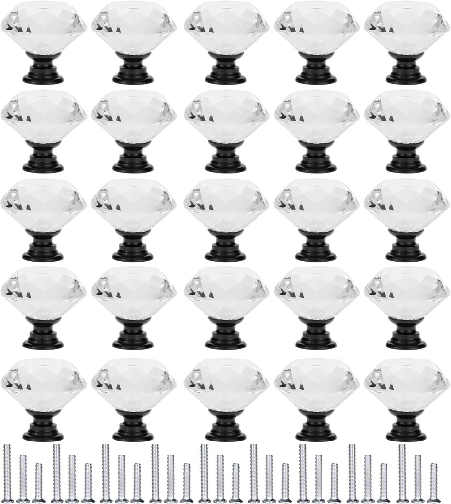30 Pack Drawer Knobs Diamond Shaped Crystal Glass 30Mm Cabinet Knobs Pull Handle (30 Mm, 30 Pack, Black)