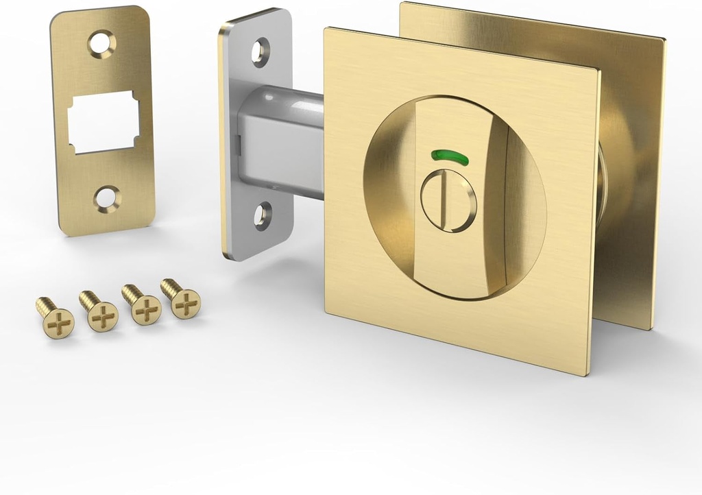 Filta Brushed Gold Pocket Door Lock Hardware with Color Coded Indicators for Bathroom,Square Privacy Pocket Door Heavy Duty Hardware,Bed/Bath Flush Sliding Pocket Door Lock