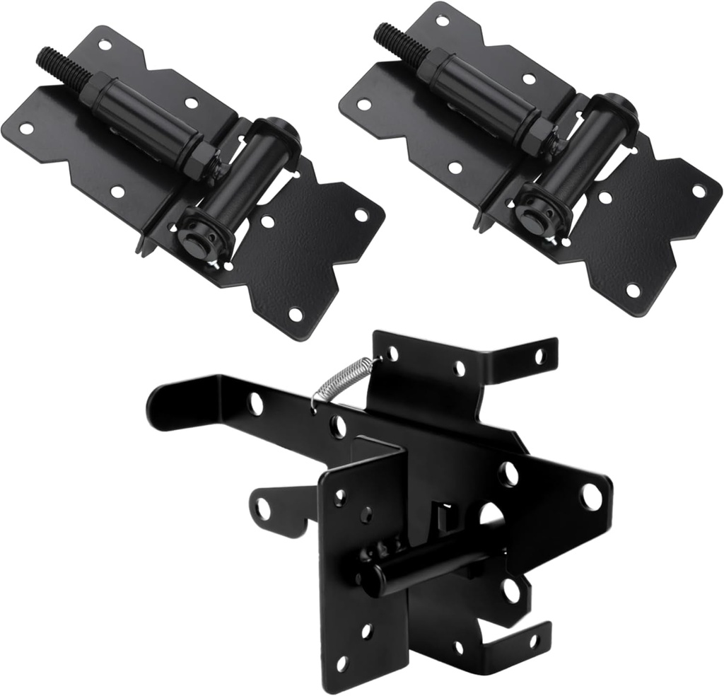 Heavy Duty Self Closing Gate Hinge and Self Locking Latch Hardware Kit for Wooden/Vinyl Fence, Stainless Steel 90 Degree Adjustable Hinges&Post Mount Automatic Gate Lock, Black Finish,1Pack